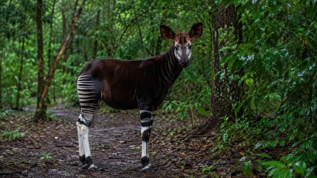 Okapi standing on a muddy forest trail amid dense green rainforest vegetation, showing distinctive striped hind legs and dark brown body
