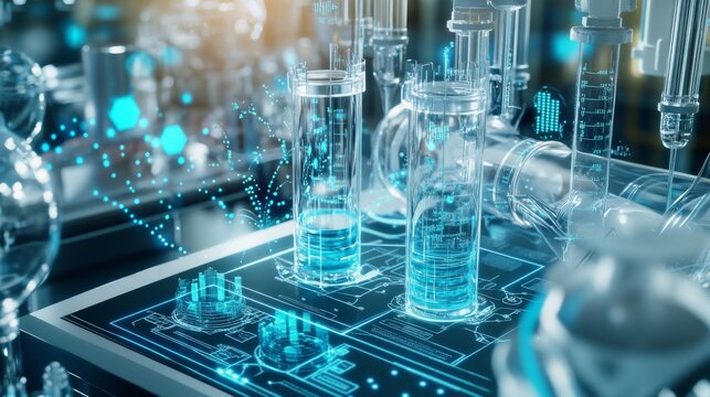 Laboratory scene showing glassware and digital elements in a modern research facility