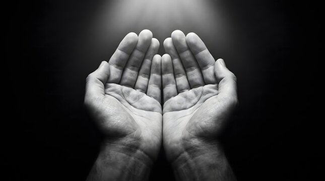 Praying hands silhouette in spotlight, black and white concept, palms facing up, worship and religious faith imagery, monk prayer, spiritual devotion