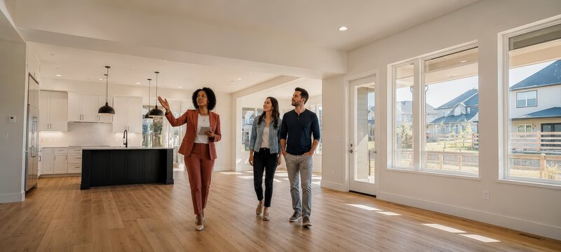 Real estate agent leads a couple through a bright modern home, highlighting spacious interiors, natural light, and potential home ownership.