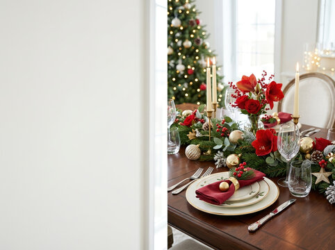 Festive holiday dining table setting with red flowers and candles on the right. Elegant Christmas dinner decoration with blank white copy space on the left