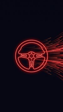 Neon red car steering wheel with fast speed motion lines
