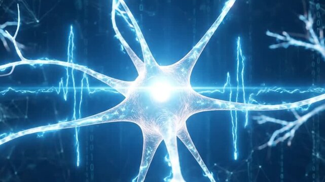 Digital neuron and brain activity concept of artificial intelligence, neural networks, machine learning, and data processing with binary code and electrical impulses in a futuristic cybernetic network