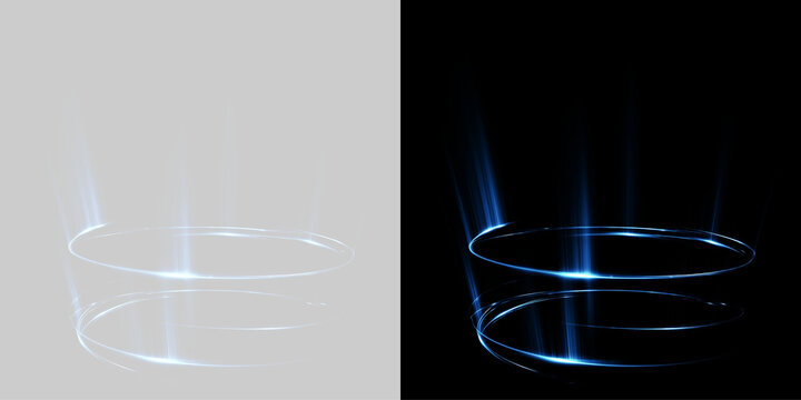 Blue glowing circular podium effect with vertical light beams. Futuristic neon swirl portal on transparent and black background. Magic energy ring for product display