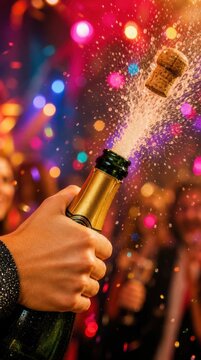 A hand pops a champagne bottle with cork flying and bubbly spray, set against colorful party lights and a festive crowd in the background.