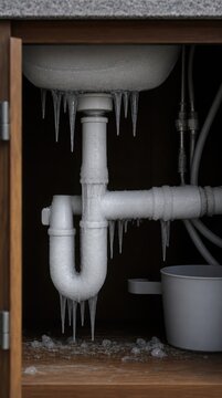 Frozen pipes under a sink with icicles hanging from the plumbing, indicating severe cold and potential water damage risk.