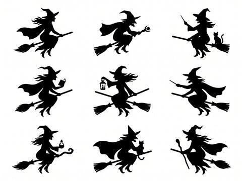 Set of black silhouettes of witches flying on broomsticks with various magical accessories and black cats