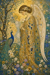 Fototapeta premium Golden mosaic angelic woman with peacock in lush floral garden scene