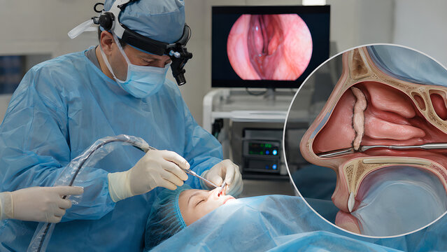 Deviated nasal septum clinical procedure with nasal cavity endoscopy and anatomical cutaway, photorealistic ENT diagnosis concept for healthcare, medical education, radiology, and patient education