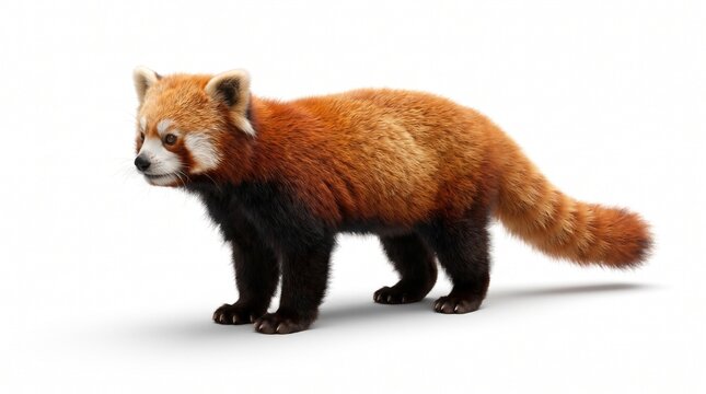 Red panda standing on white background, fluffy red panda with ringed tail, adorable wildlife animal portrait for nature education