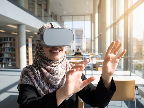 Muslim Woman Wearing Vr Headset Interacting with Virtual Interface in Library