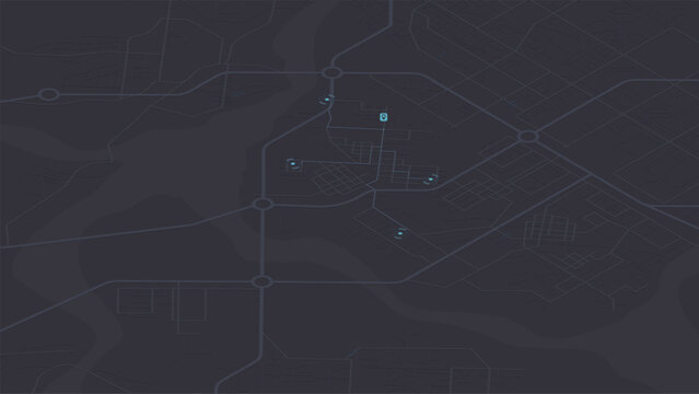 Cyan icon and location markers near intersecting roads over dark urban map interface with routes
