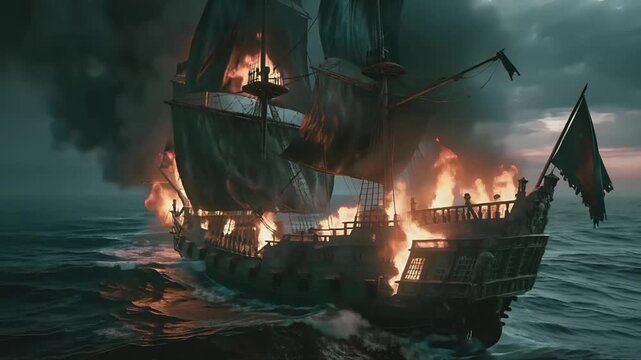 Europe medieval lifestyle. A dramatic depiction of a pirate ship engulfed in flames and smoke. The ship, with its masts and sails billowing, is the main subject.