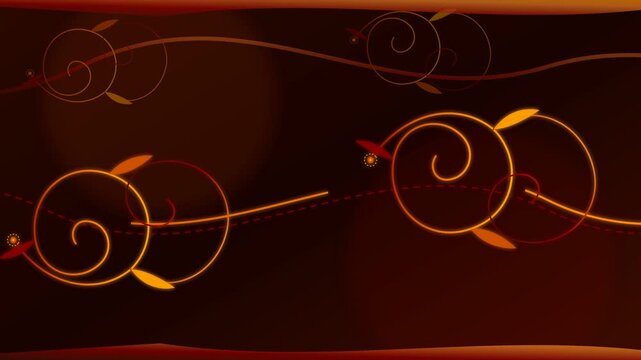 Abstract autumn harvest animation featuring glowing orange and gold traditional spiral flourishes with stylized leaves and dotted lines unfolding across a dark brown background.