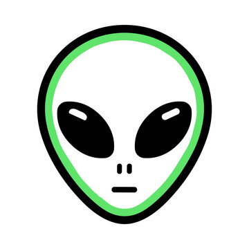 Close up of an alien face with large black eyes and a green outline