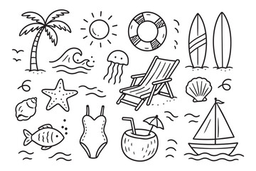 Obraz premium Hand drawn beach icons seamless pattern with palm tree, surfboard, starfish, seashell, sun, lifebuoy, chair and tropical summer objects in outline doodle style, with beach, summer, icon, doodle detail