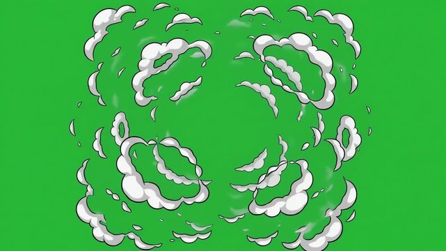 Stylized 2D cartoon smoke cloud explosion puff with thick white vapor appearing and dissipating on a bright green screen background