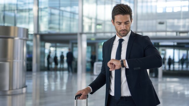 Businessman in formal attire checks watch while standing with suitcase in modern airport terminal, large windows and travelers visible in the background