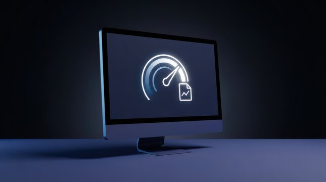 Computer monitor showing performance gauge and report icon