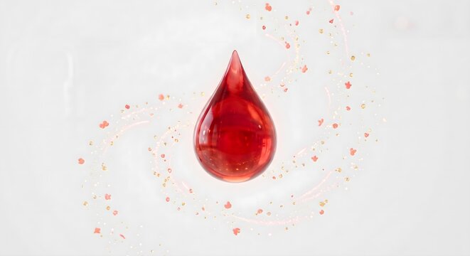 A glowing ruby-red oil drop suspended in mid-air, surrounding by delicate floating stylized particles of gold and coral light