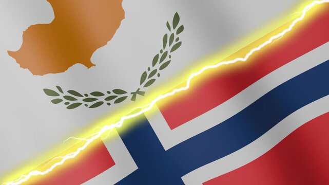 Two waving flags Cyprus and Norway with diagonal lightning seamless, 4k loop