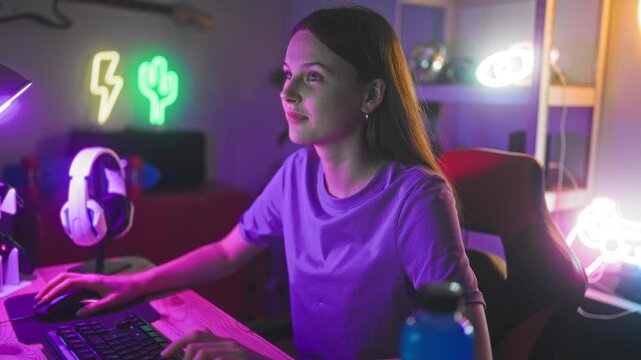 Woman at gaming desk using mouse and keyboard in a studio with neon cactus and lightning signs, headset on stand and bottle by keyboard, smiling toward camera; joy focus.