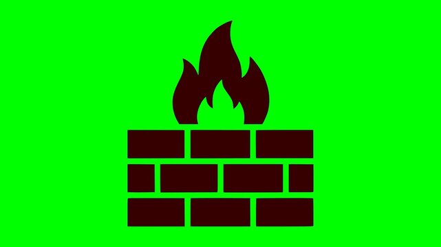 firewall security vector animation showing brick wall and fire with red flashing warning light on green screen chroma key background for digital data protection projects