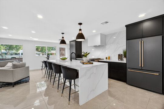 Modern kitchen with island and seating