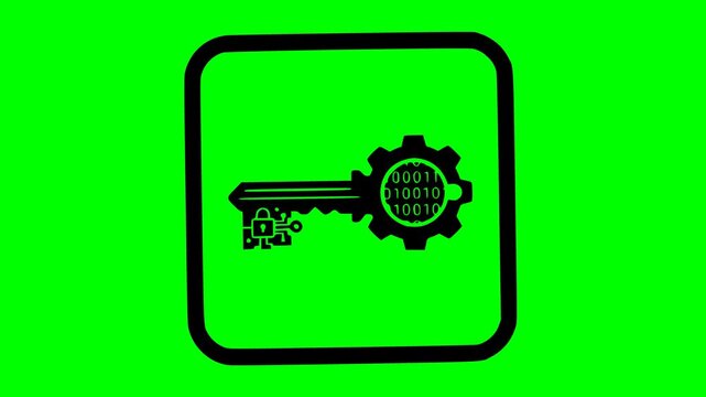 security key with gear and binary code icon video animation featuring a pure black fill design and a green chroma key background for easy chroma removal