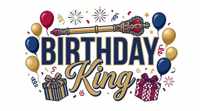 Birthday King celebratory typography, royal scepter and party balloons illustration, festive birthday graphic with gifts