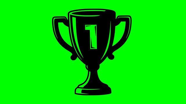 animated trophy cup with number one symbol, black fill drawing style, isolated on green chroma key background for easy video editing