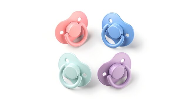 Four colorful pastel baby pacifiers arranged on white.
