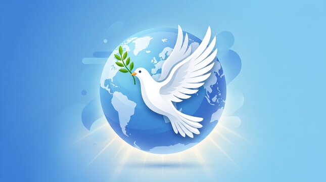 White dove of peace with olive branch flying over blue planet earth, global harmony and world unity concept, international peace day