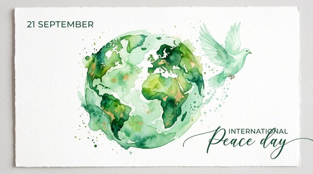 Watercolor International Peace Day card, green earth globe with white dove, 21 September world peace celebration concept