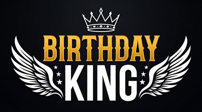 Birthday King typography with gold crown and white wings. Royal birthday celebration graphic. Elegant masculine party design on black background.
