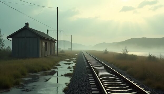 Quiet regional railway passes through misty wetlands and local landscapes, portraying slower travel, regional mobility, atmospheric weather and authentic destination experiences