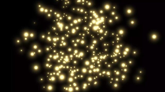 Glowing golden glitter sparkle burst overlay, twinkling magic stars, shimmering star fairy dust particles, explosion, shine effect, black background motion seamless loop 4K
