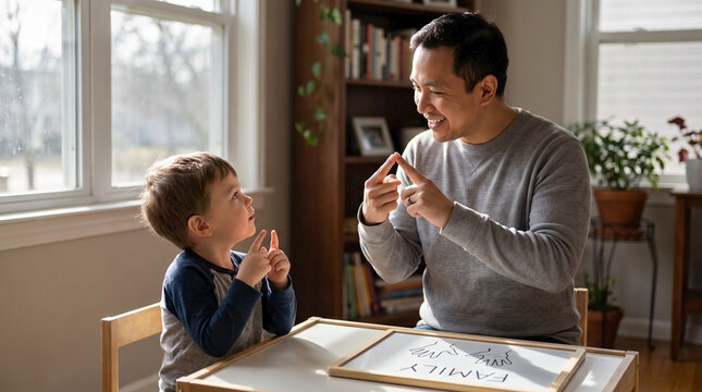 Deaf man teaching sign language to young child in home setting for ASL learning, accessible communication blogs, inclusive education, and special needs awareness websites