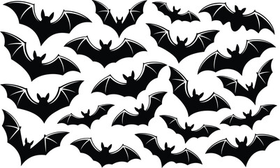 Fototapeta premium Many different flying bat silhouettes in various poses and wing spans for creating a dark night scene