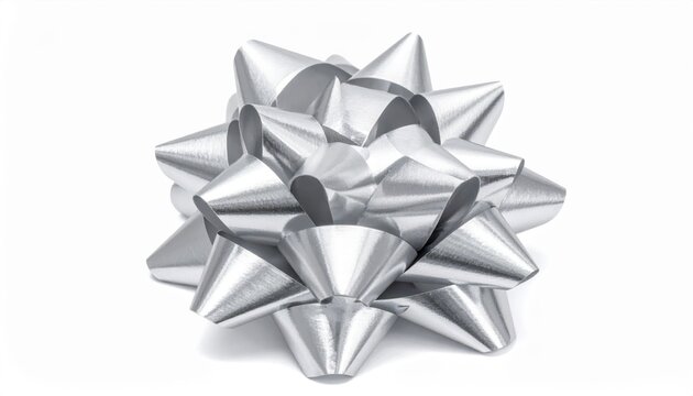 Silver Gift Bow with Shiny Ribbon Isolated on White Background for Christmas, Birthday, Anniversary, Valentine&rsquo;s Day and Holiday Celebration Decoration