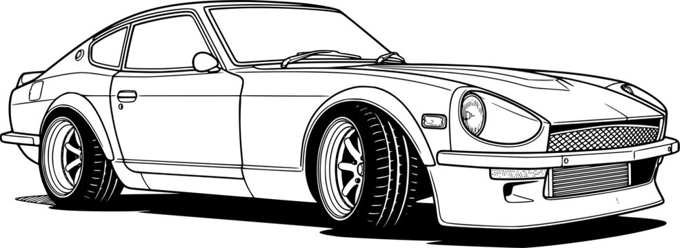 Clean black and white vector line art drawing of a classic Japanese 1970s sports coupe from a front three-quarter low angle. Highlights flared fender arches, deep-dish custom wheels, front lip spoiler