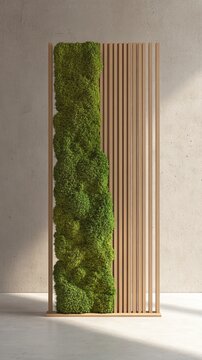 Wooden wall divider with moss design in modern interior space