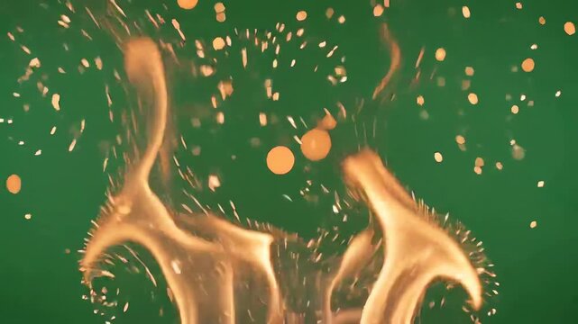 Vibrant burning fire sparks and orange embers rising and swirling against a bright green screen background for compositing