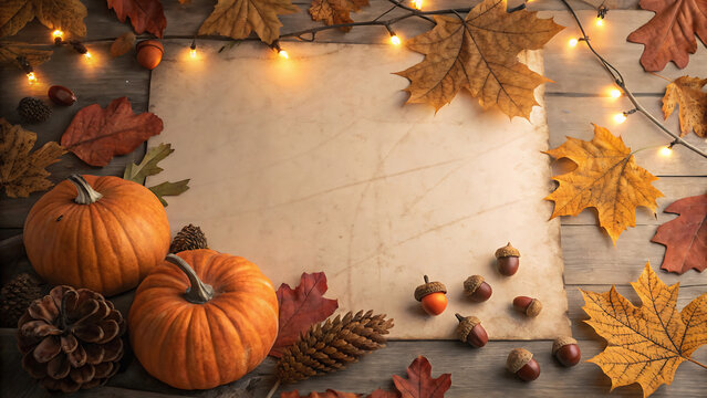 Fall thanksgiving background with paper card and pumpkins