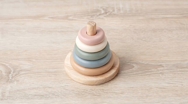Pastel colored wooden stacking ring toy tower.