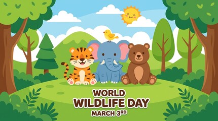 Naklejka premium World Wildlife Day March 3rd banner, cute cartoon animals in forest landscape, tiger elephant and bear illustration