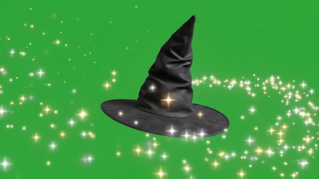 A pointed black witch hat floating and rotating slowly against a bright green screen background with magical glowing sparkles