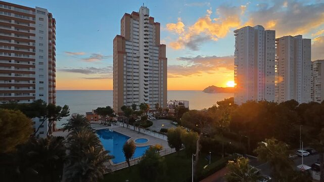 Sunset timelapse over high rise buildings in Benidorm