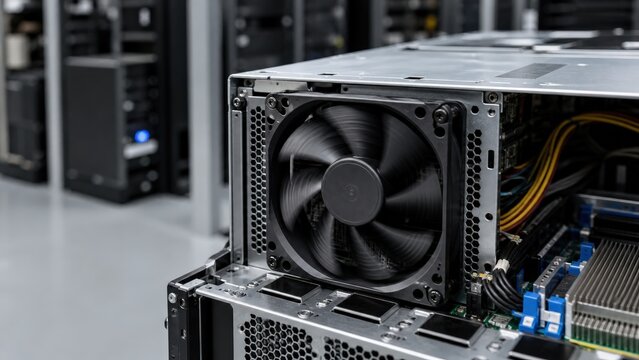 Server cooling fan close up in data center for technology background