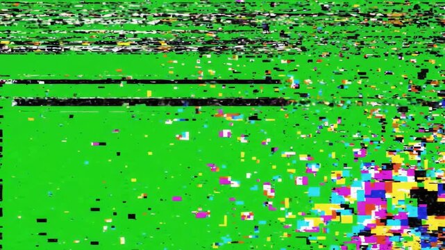 Abstract digital glitch overlay with flickering static and distorted pixel artifacts moving across a bright green screen background